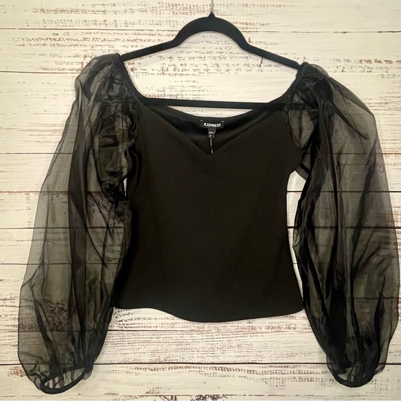 Express Tops - Express Black Blouse with Sheer Sleeves